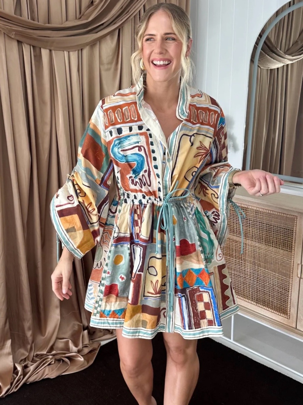 Alemais Michelle Multicolor Abstract Print Midi Dress - Teal, Rust, Cream